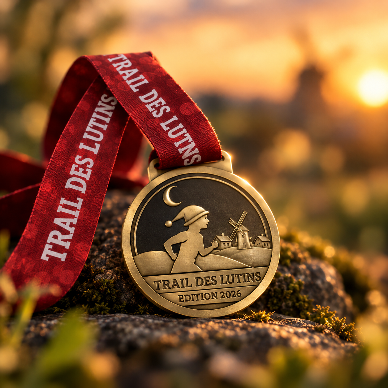Médaille Trail des Lutins au coucher du soleil